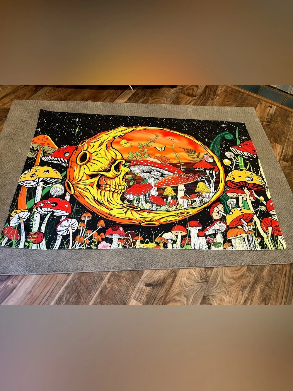 Orange & Red Psychedelic Mushroom, Butterfly, Skull Tapestry